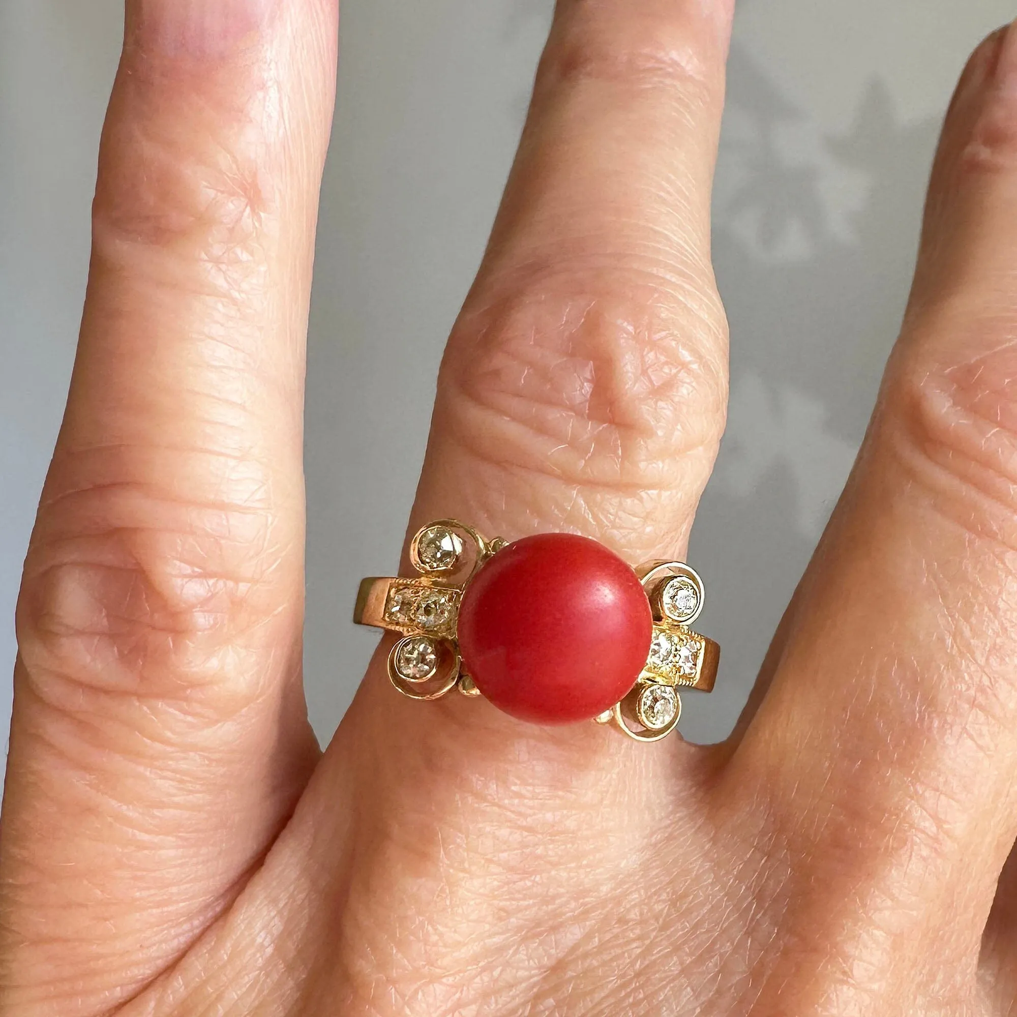 18K Gold Diamond Large Red Orange Mediterranean Coral Ring