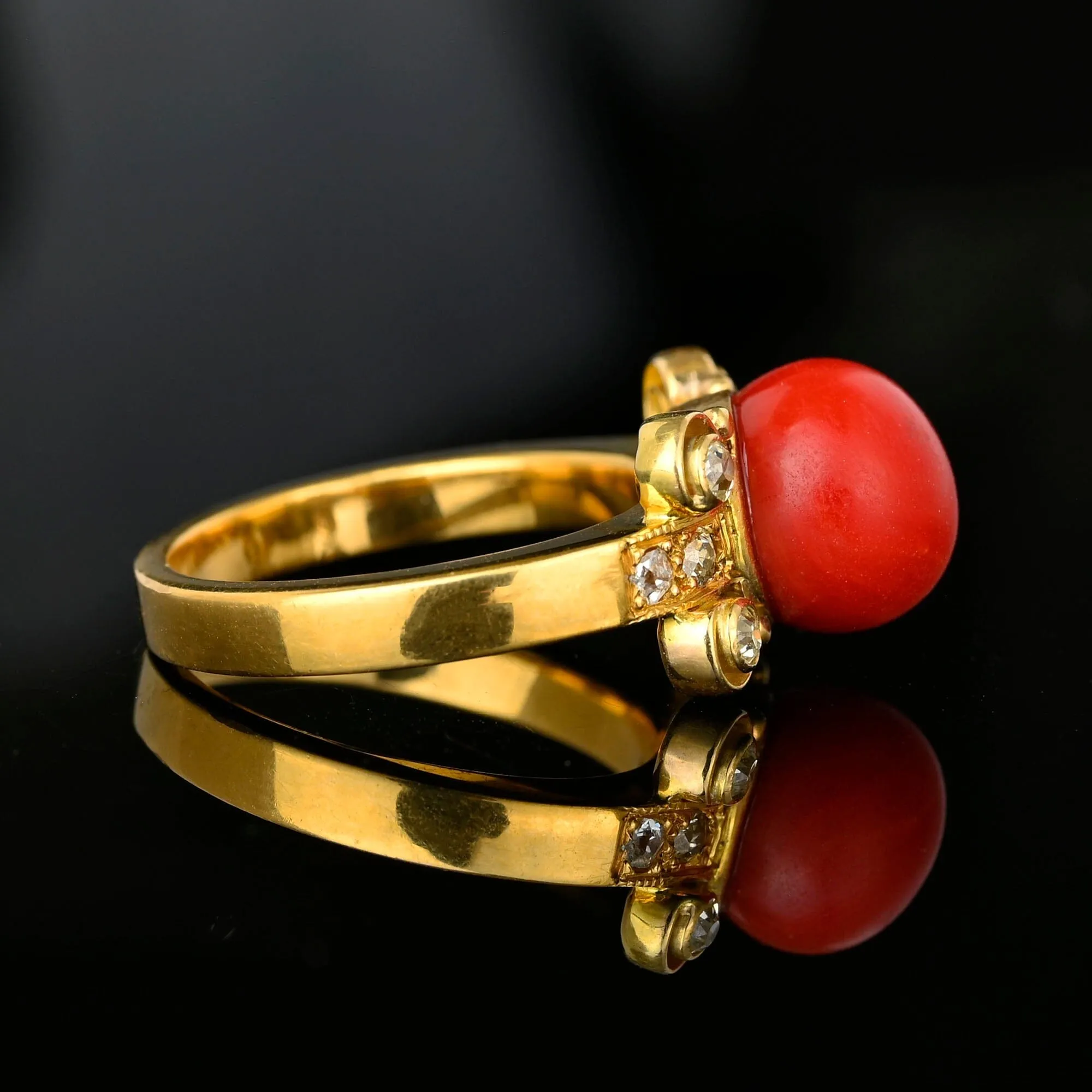 18K Gold Diamond Large Red Orange Mediterranean Coral Ring