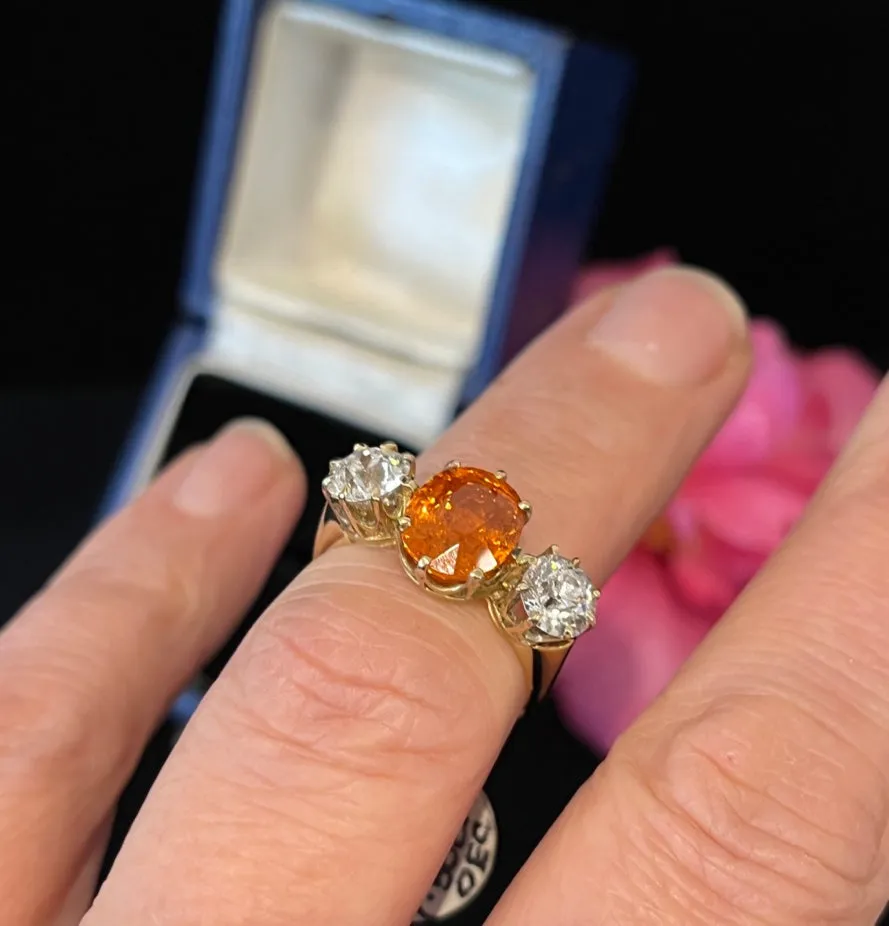 1915 Spessartite Garnet and Diamond Trilogy Ring