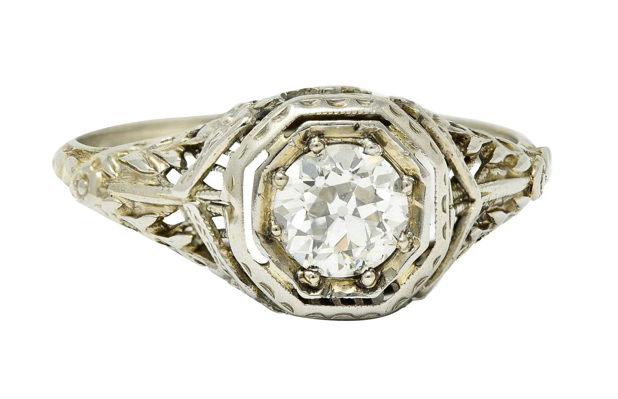 1920's Art Deco 0.50 CTW Diamond 18 Karat White Gold Floral Engagement Ring