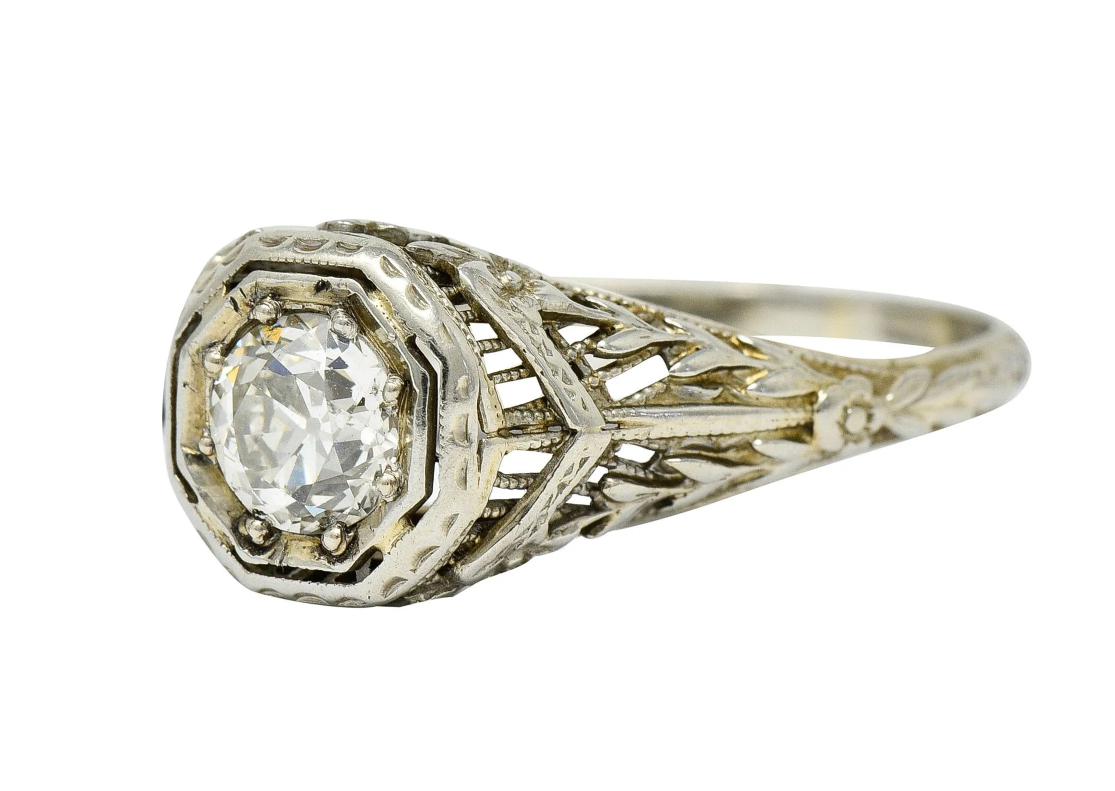 1920's Art Deco 0.50 CTW Diamond 18 Karat White Gold Floral Engagement Ring