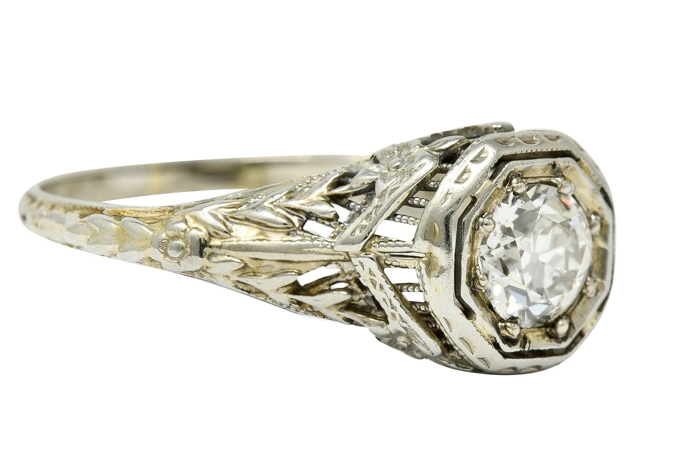 1920's Art Deco 0.50 CTW Diamond 18 Karat White Gold Floral Engagement Ring