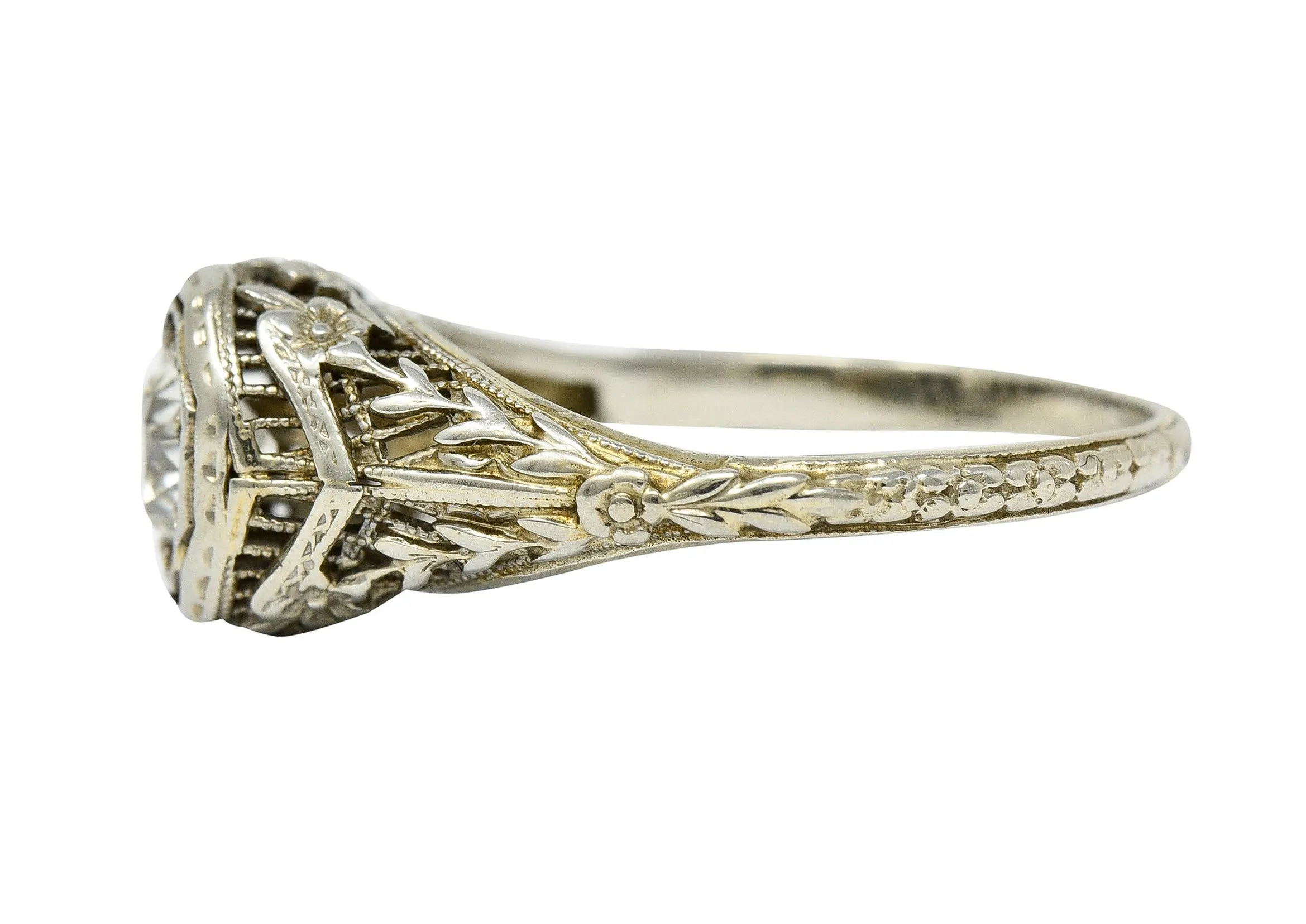 1920's Art Deco 0.50 CTW Diamond 18 Karat White Gold Floral Engagement Ring