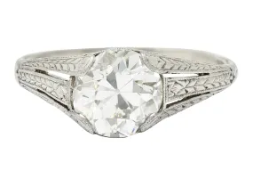 1922 Art Deco 1.79 CTW Diamond Platinum Scrolled Lotus Antique Engagement Ring