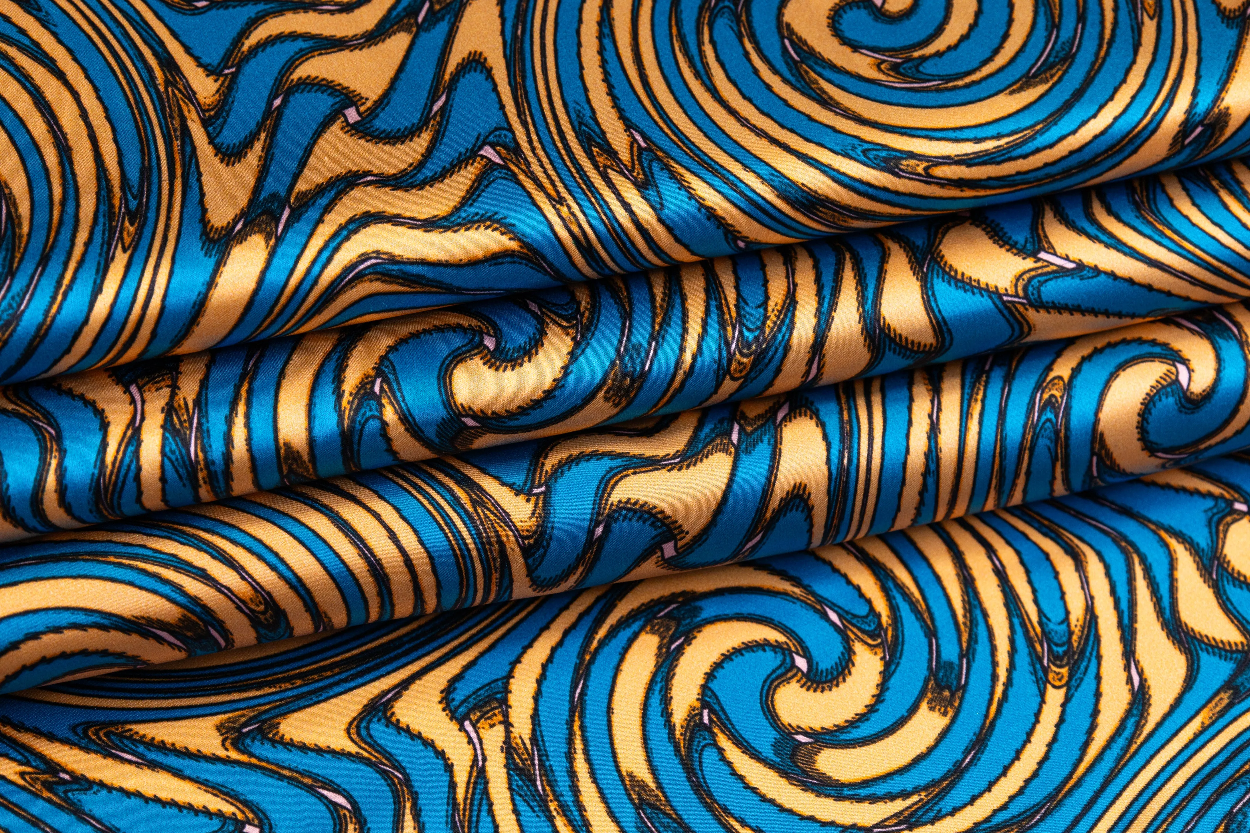 Abstract Italian Silk Charmeuse - Blue / Peach