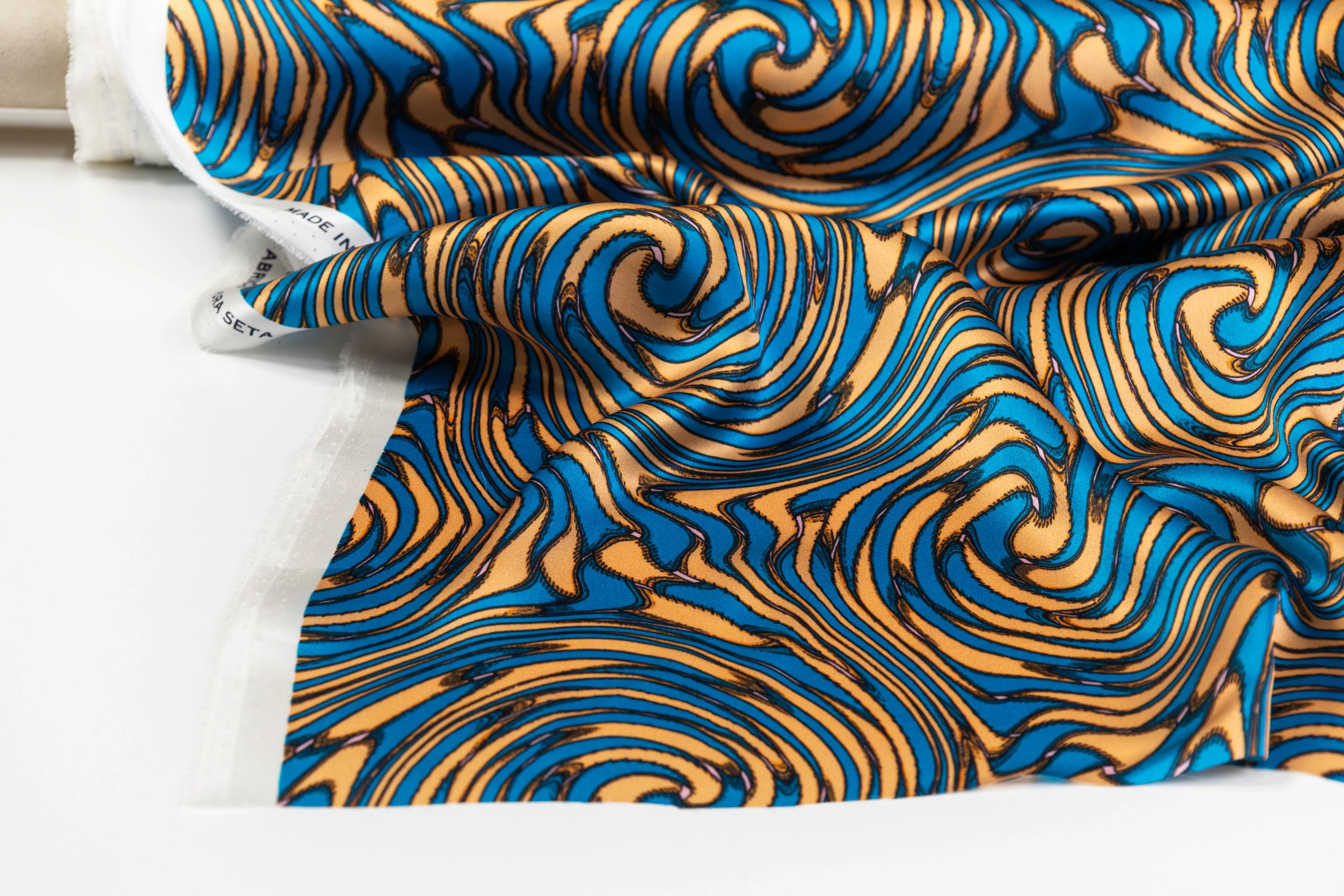 Abstract Italian Silk Charmeuse - Blue / Peach