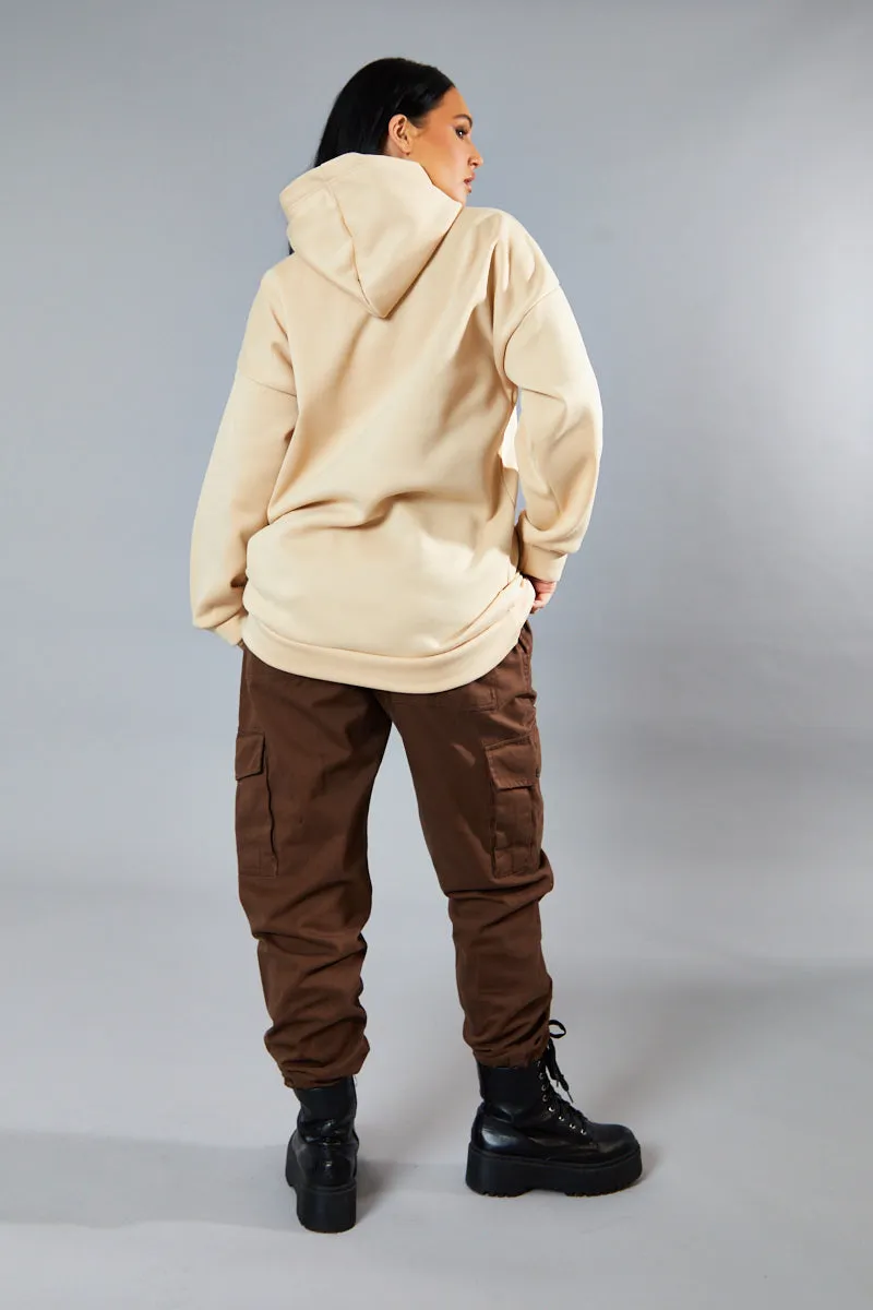 Beige Oversized Slogan Hoodie - Sora