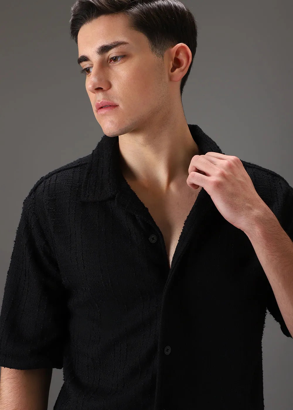 Black Cuban Collar Knitted Shirt