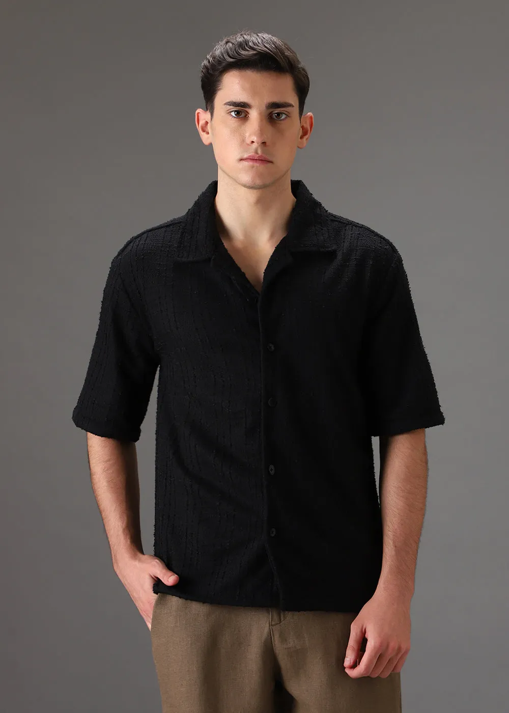 Black Cuban Collar Knitted Shirt