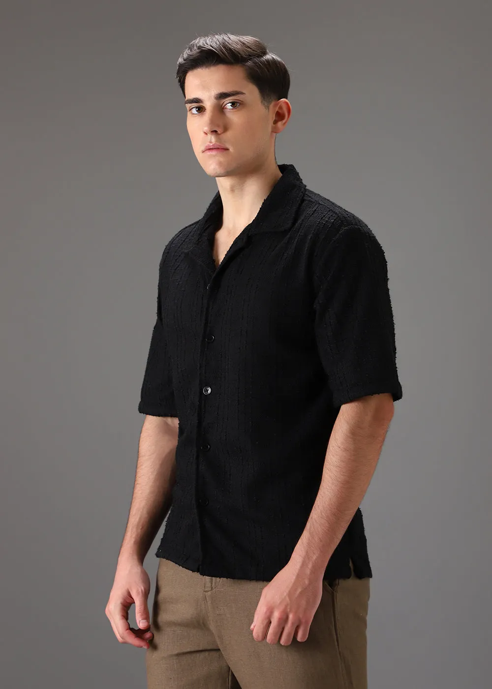 Black Cuban Collar Knitted Shirt