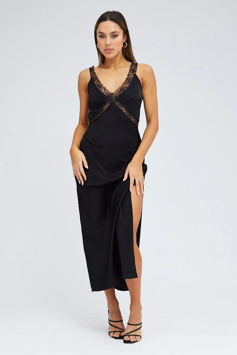 Black Maxi Dress Sleeveless Satin Lace Trim