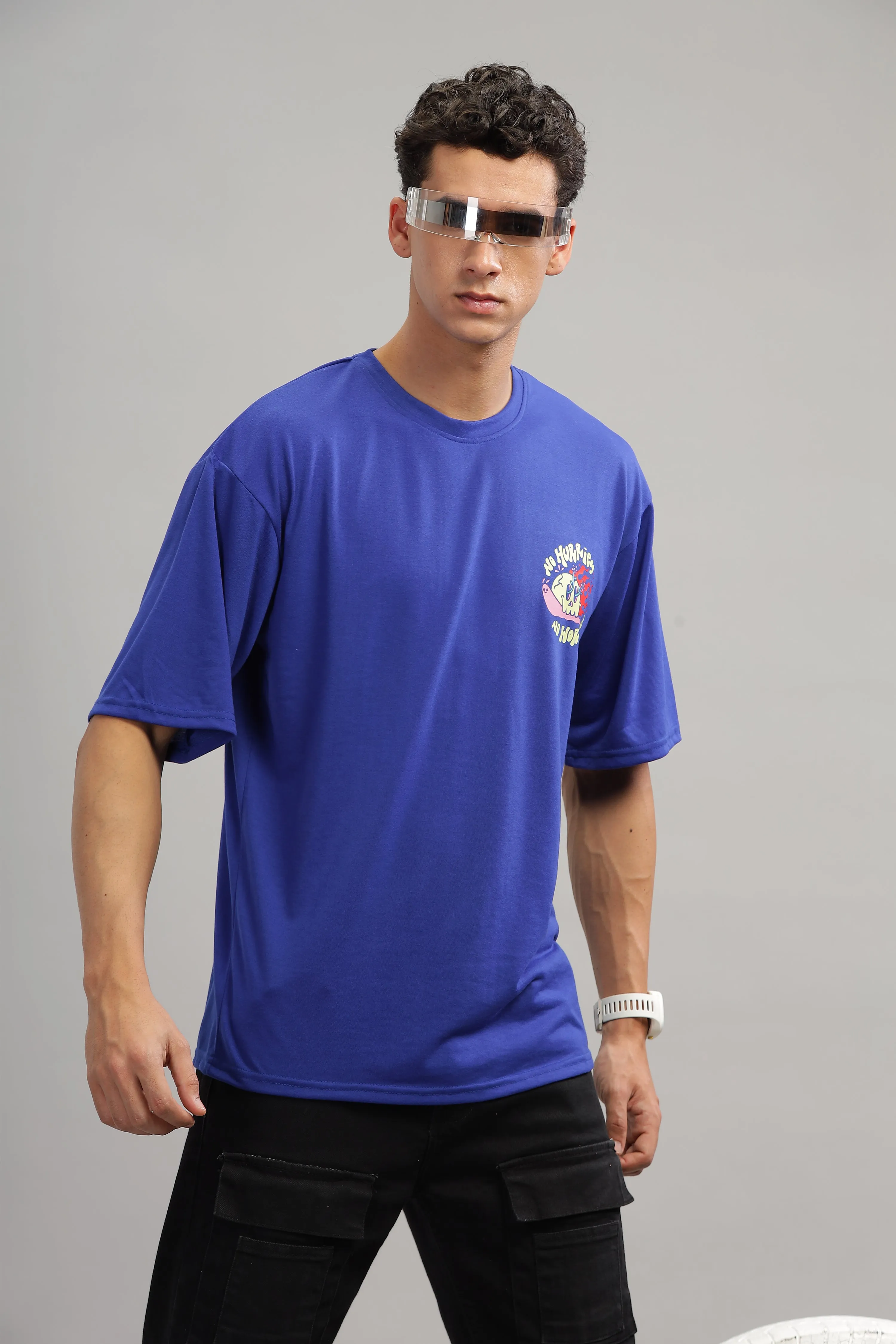 Blue Oversized No Worries & No Hurries T-Shirt