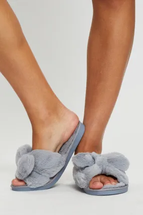 Blue Plush Faux Fur Bow Detail Slippers