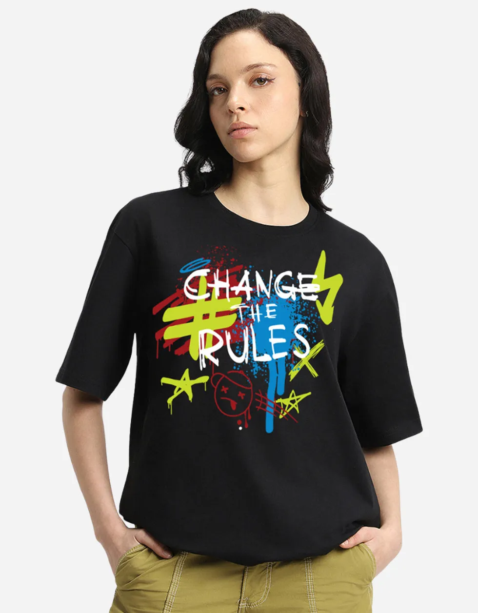 CHANGE THE RULE Women Black Oversized Front Typographic Printed Tshirt