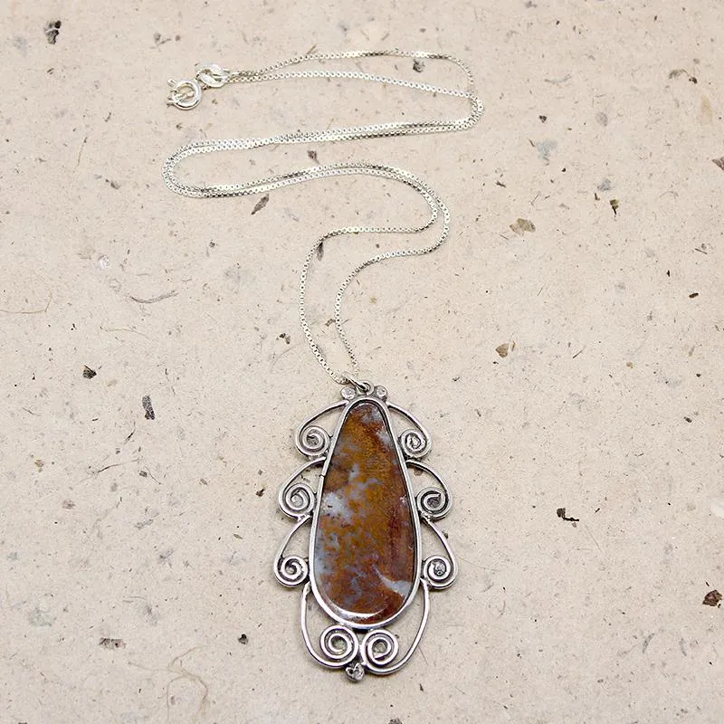 Coffee & Cream Agate in Scrolled Silver Pendant