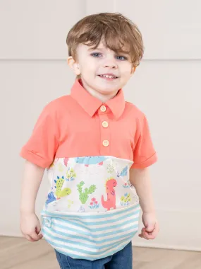 Coral & Teal Dinosaur World Polo Shirt