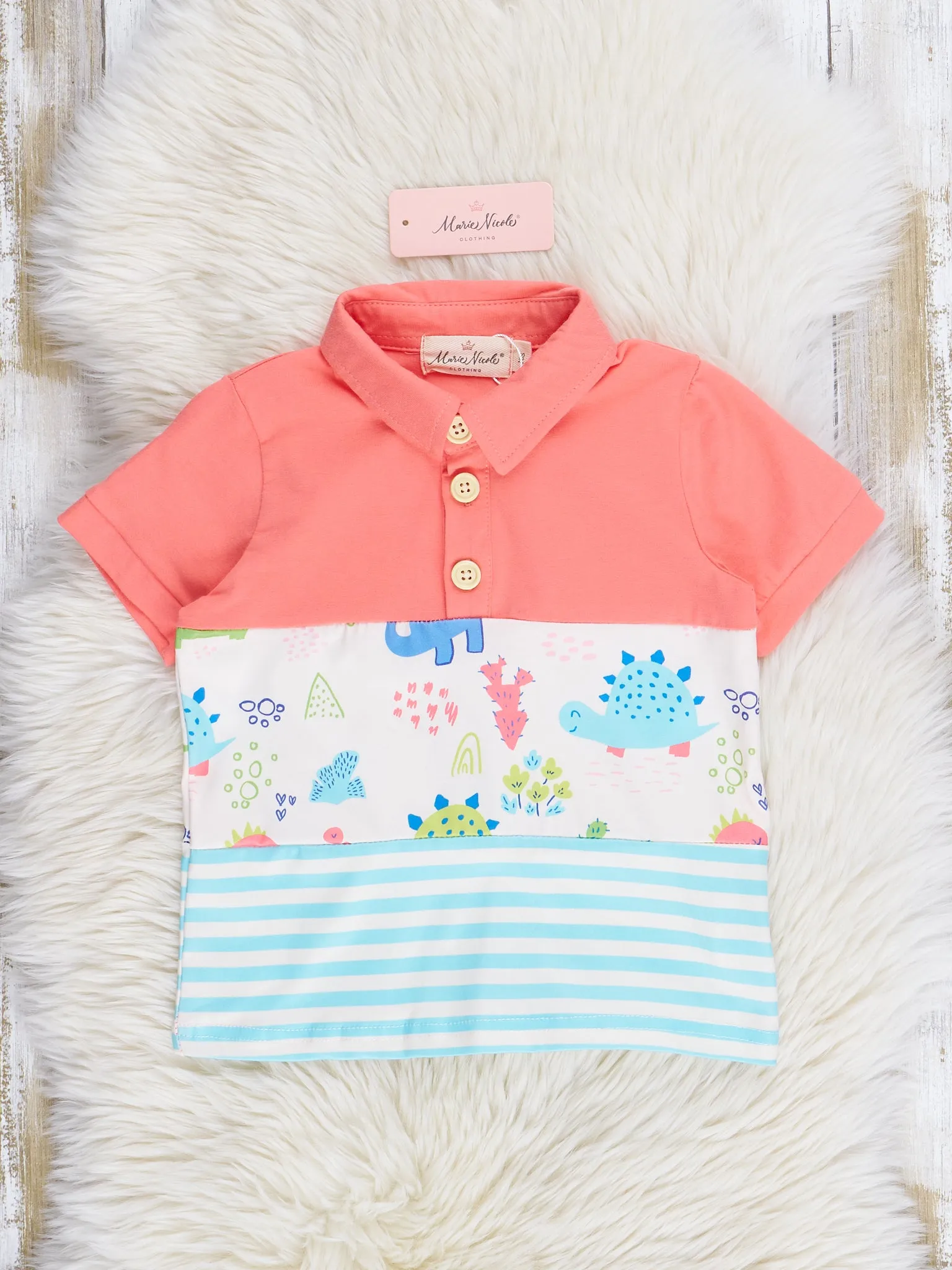 Coral & Teal Dinosaur World Polo Shirt