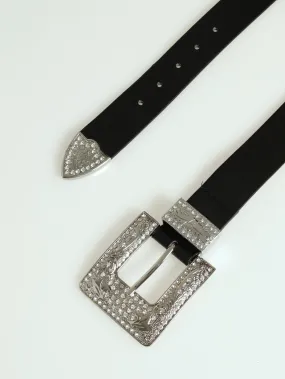 Cowboy Diamante Buckle Belt - Black