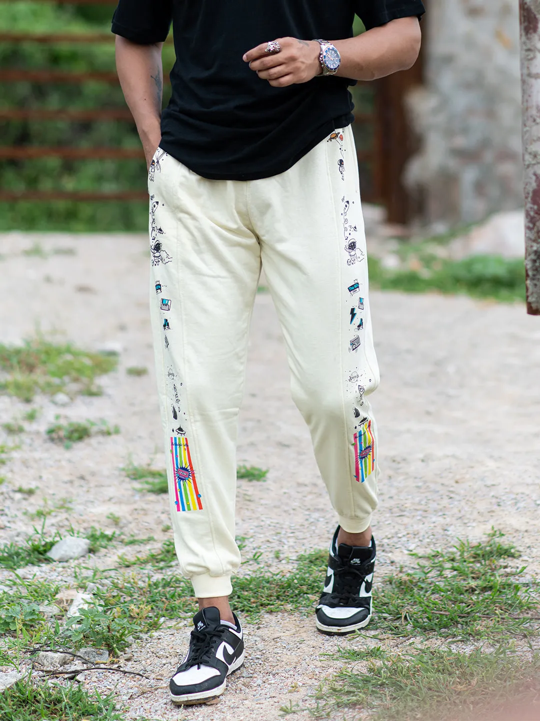 Cream Space Printed Cotton Joggers