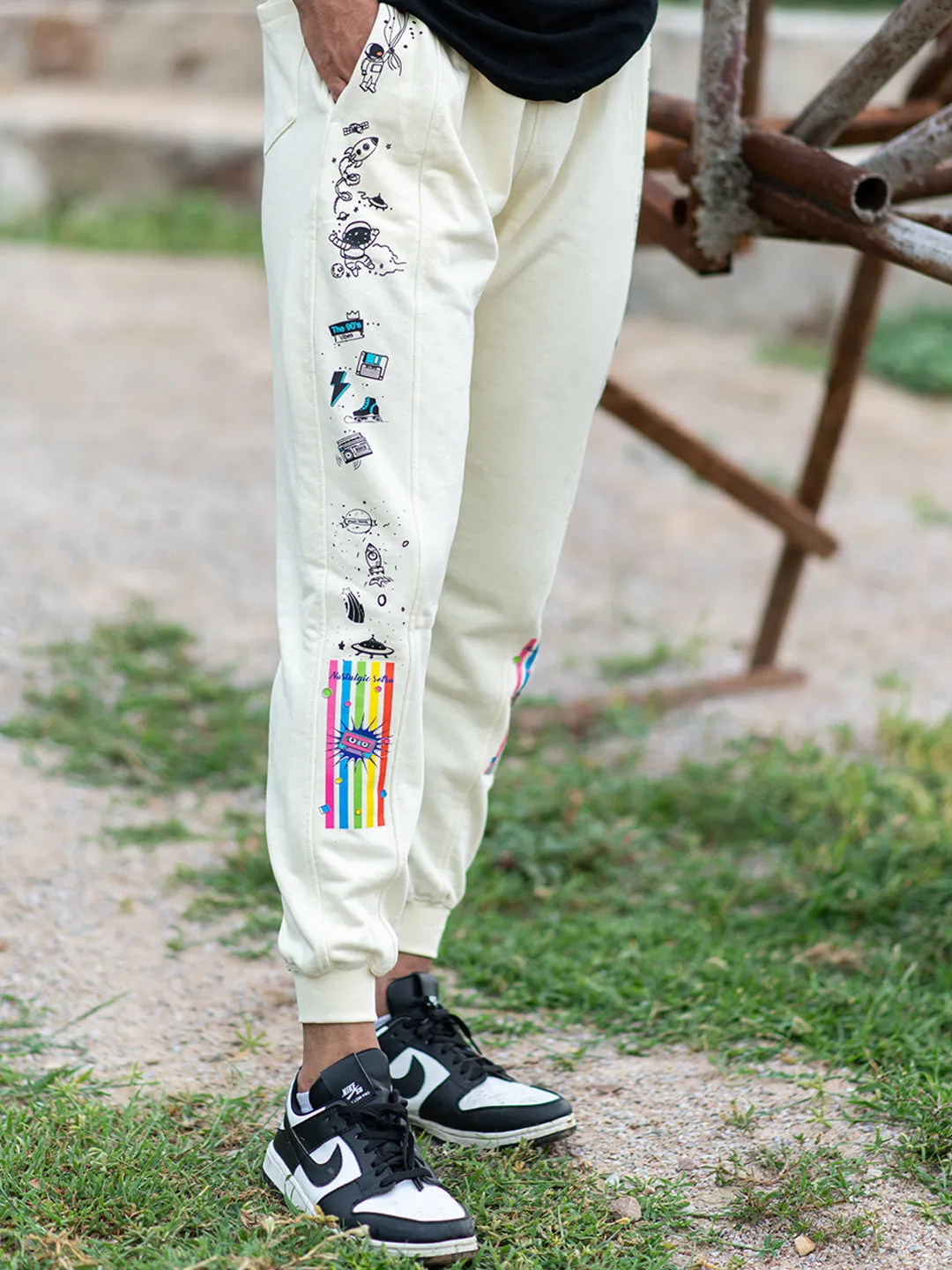 Cream Space Printed Cotton Joggers