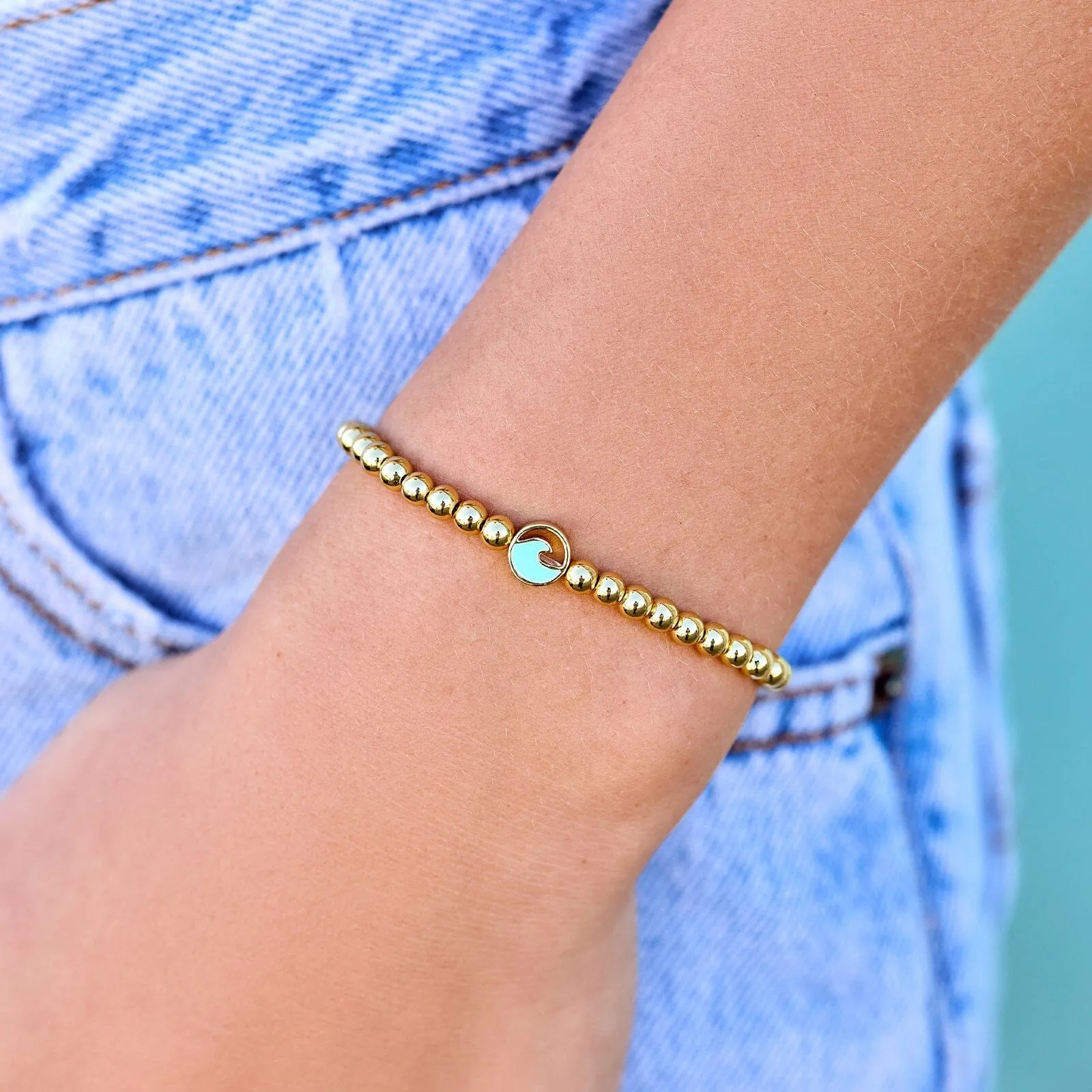 Enamel Wave Gold Bead Stretch Bracelet