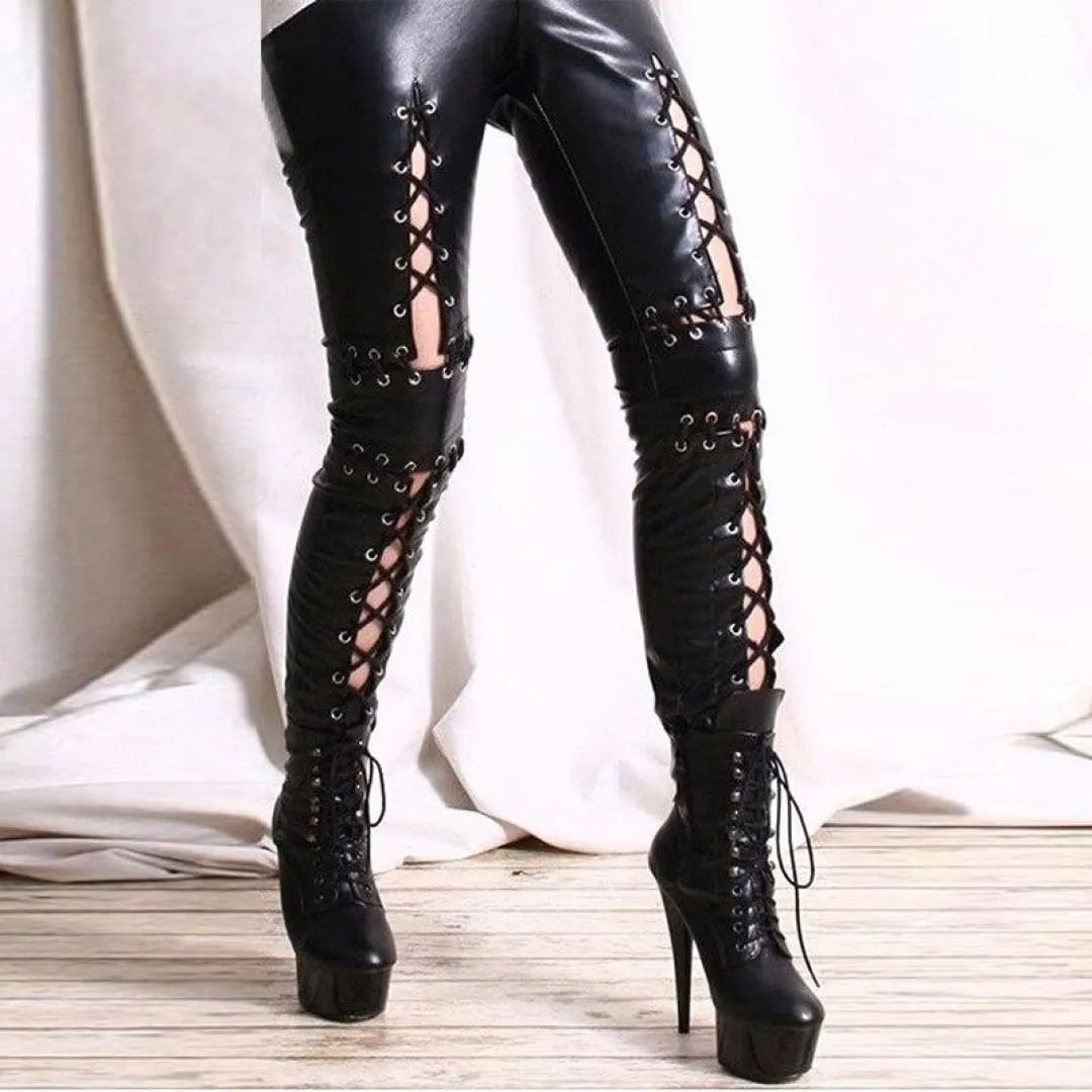 Faux Leather Lace-Up Punk Rock Leggings