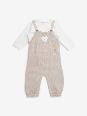 HOP Baby Taupe Knit-Textured Cotton Blend Dungaree with T-Shirt Set