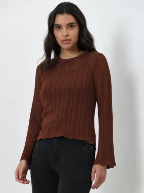 LOV Brown Knit-Textured Top