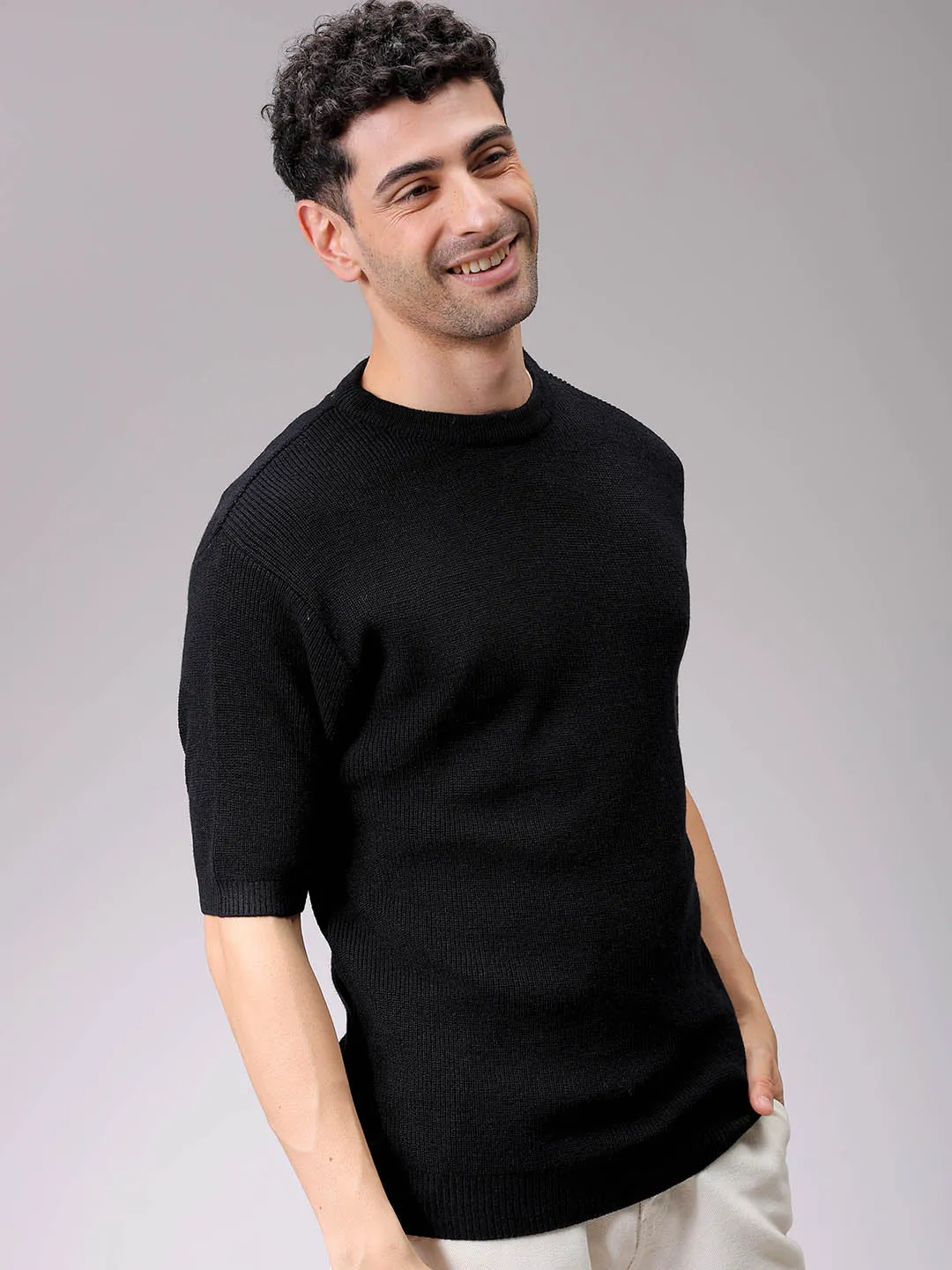 Men's Black Relaxed Fit Textured Crew Neck Sweater