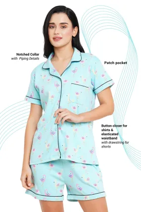 Organic Cotton Printed Night Suit with an eye mask-ISL022-Flamingo print