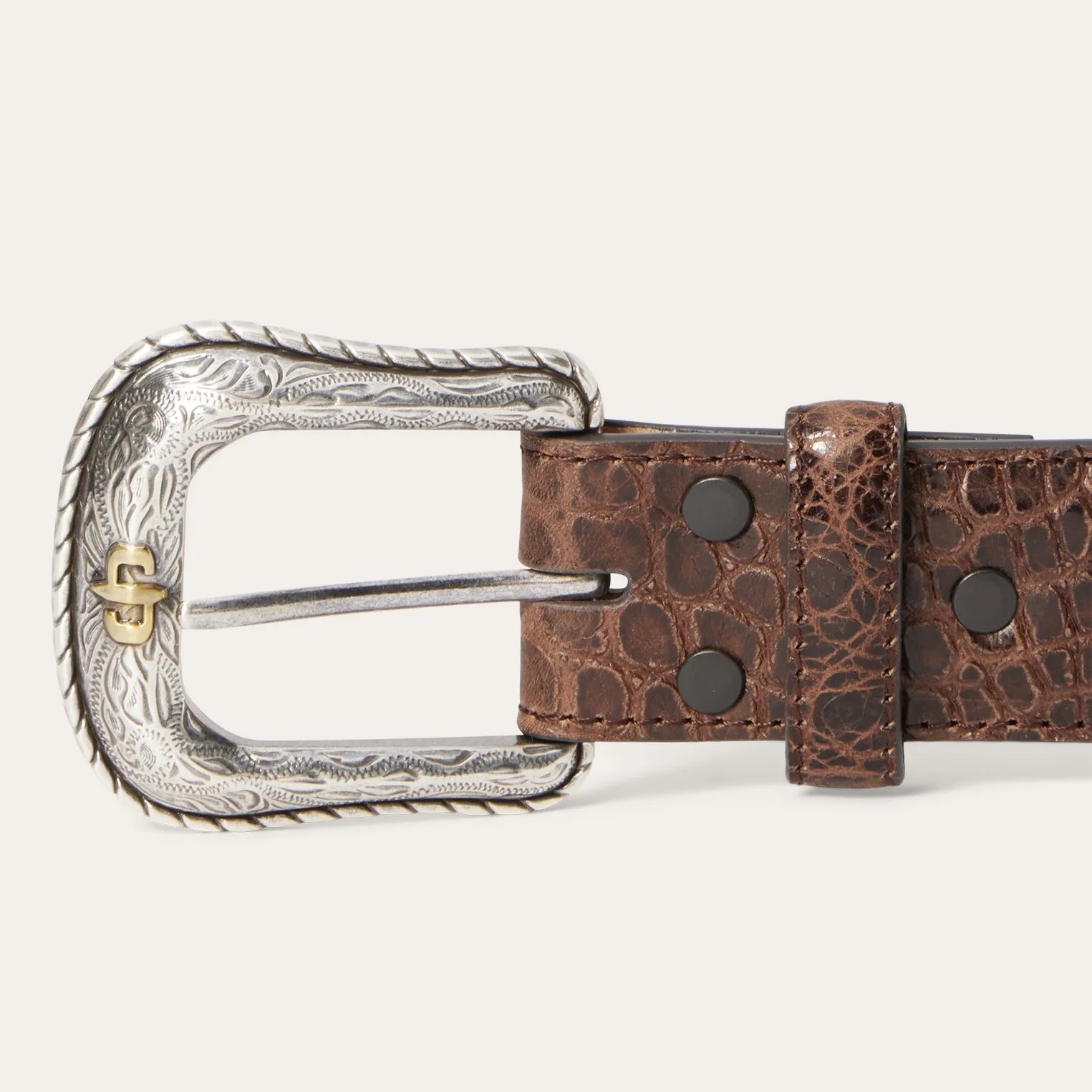 Ostrich Print Croco Embossed Western Tabs Belt