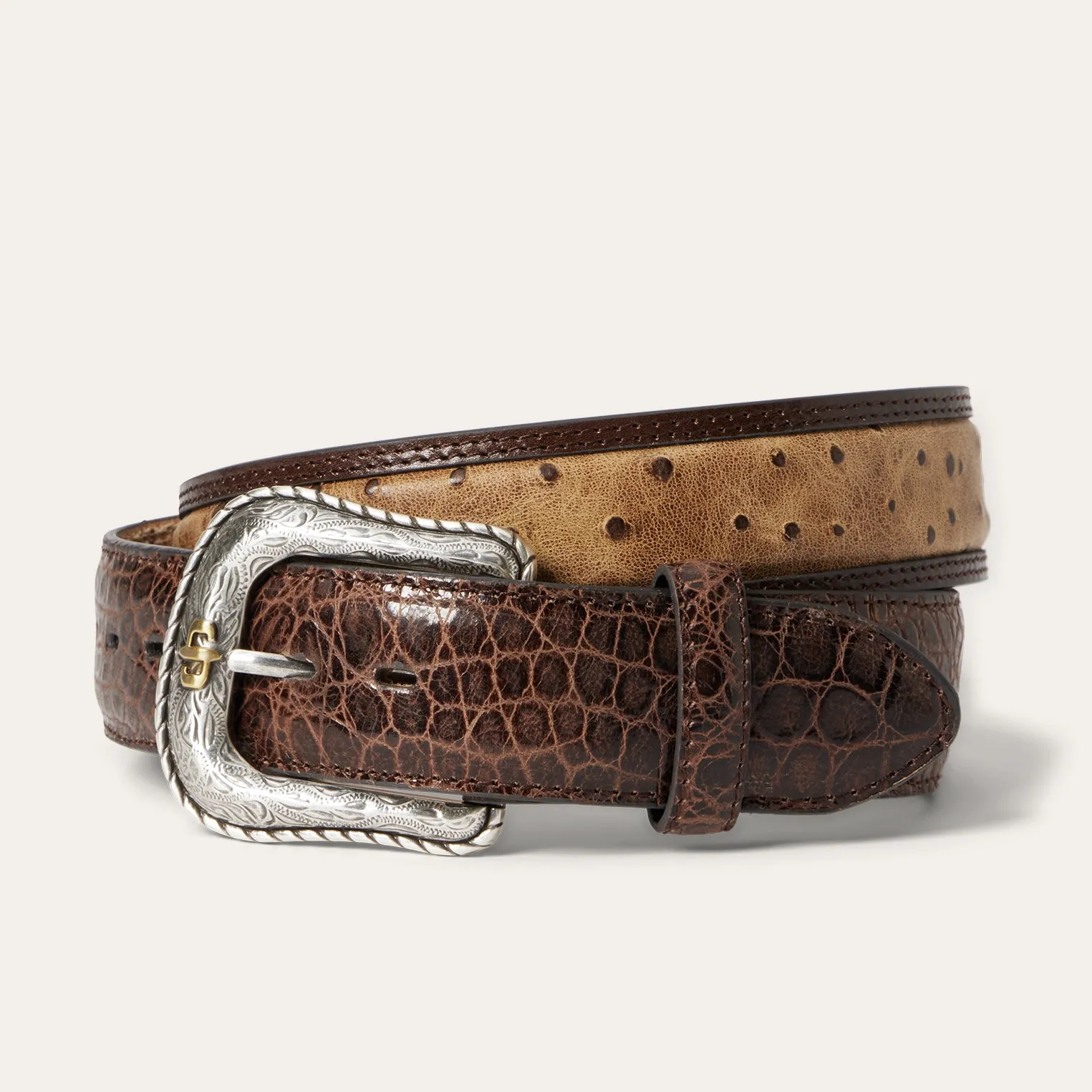 Ostrich Print Croco Embossed Western Tabs Belt