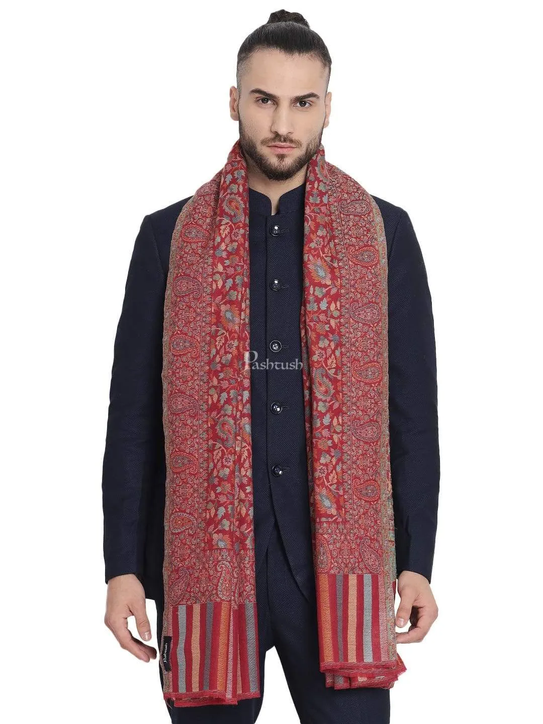 Pashtush Mens Fine Wool Ethnic Weave Stole, Soft And Warm