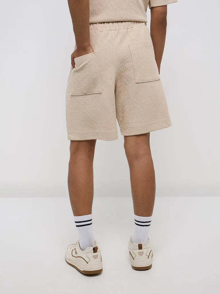 Studiofit Beige Knit-Textured Relaxed-Fit Mid-Rise Shorts