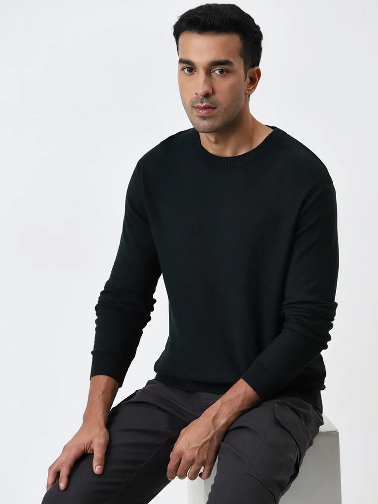 WES Formals Dark Green Knit-Textured Slim-Fit Sweater