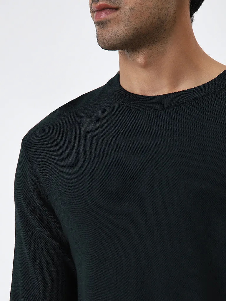 WES Formals Dark Green Knit-Textured Slim-Fit Sweater